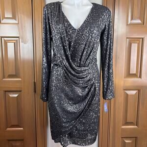 Sparkle Wrap Mini Dress in Charcoal